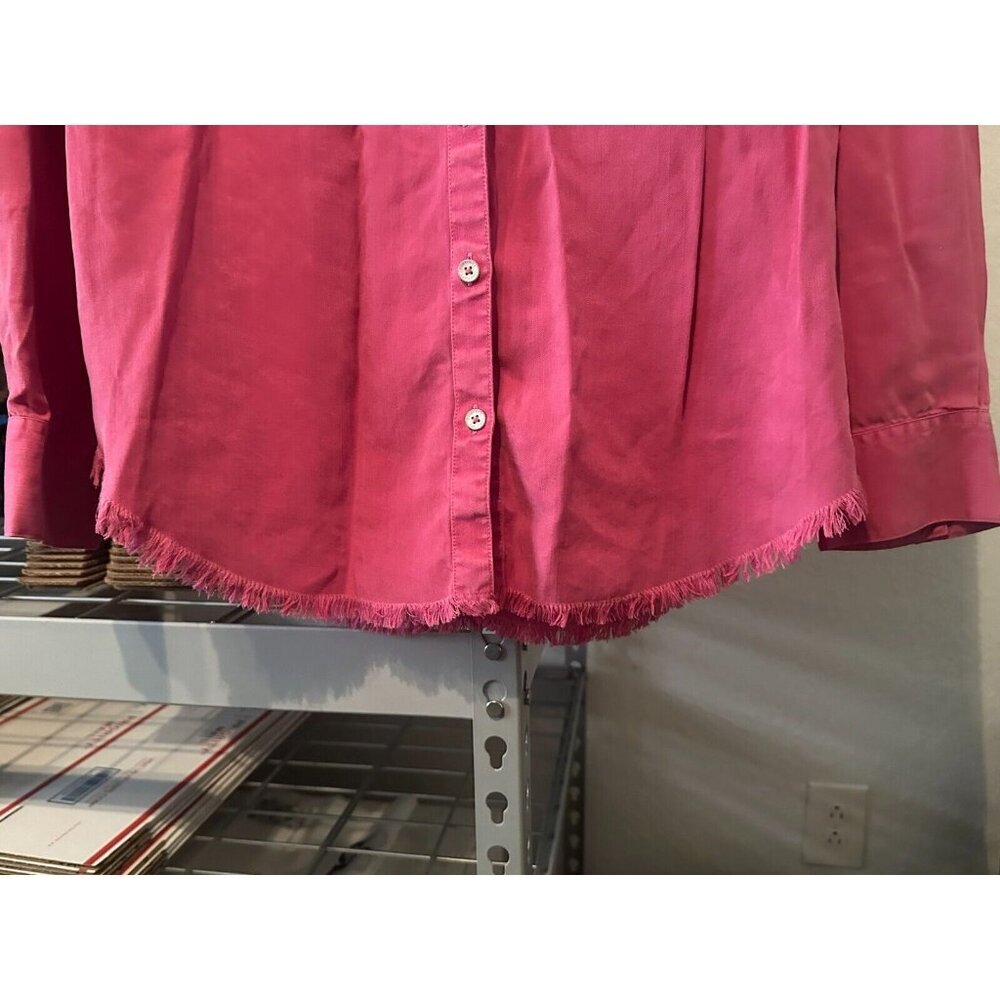 Foxcroft Pink Long Sleeve Button Down Collared Shirt Distressed Hem Women Sz 12 - Picture 4 of 7